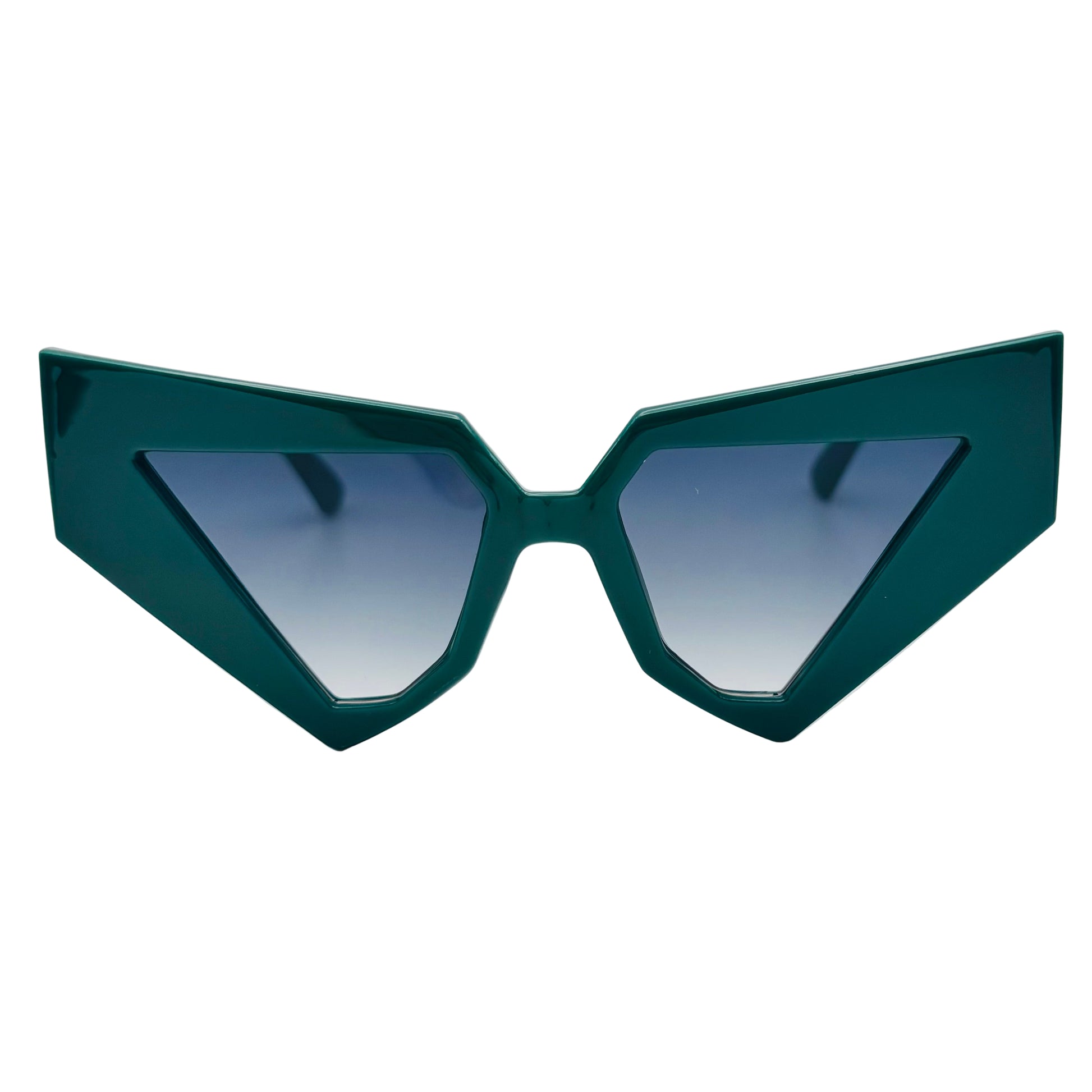 Green cat-eye sunglasses with gradient lenses on a light gray background