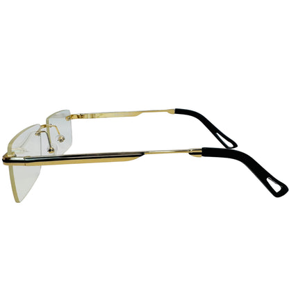 Gold-framed glasses with black arms on a white background