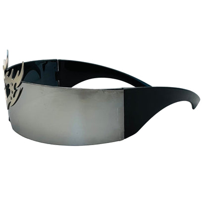 Black and silver visor with reflective surface on a light gray background