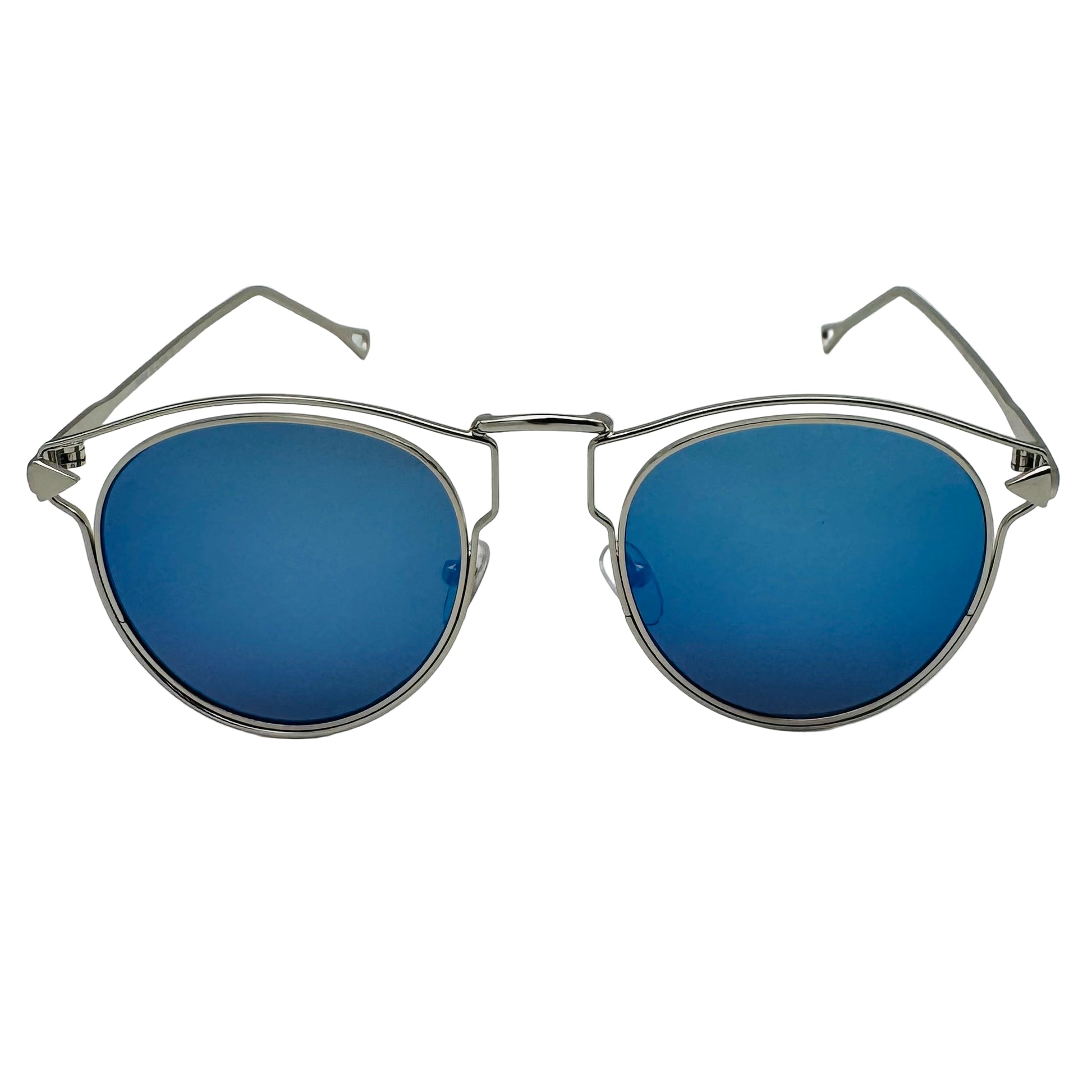 Sunglasses with blue lenses and thin metal frame on a light gray background