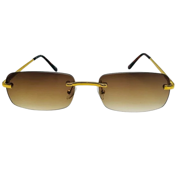 Sunglasses with gold frames and brown gradient lenses on a white background