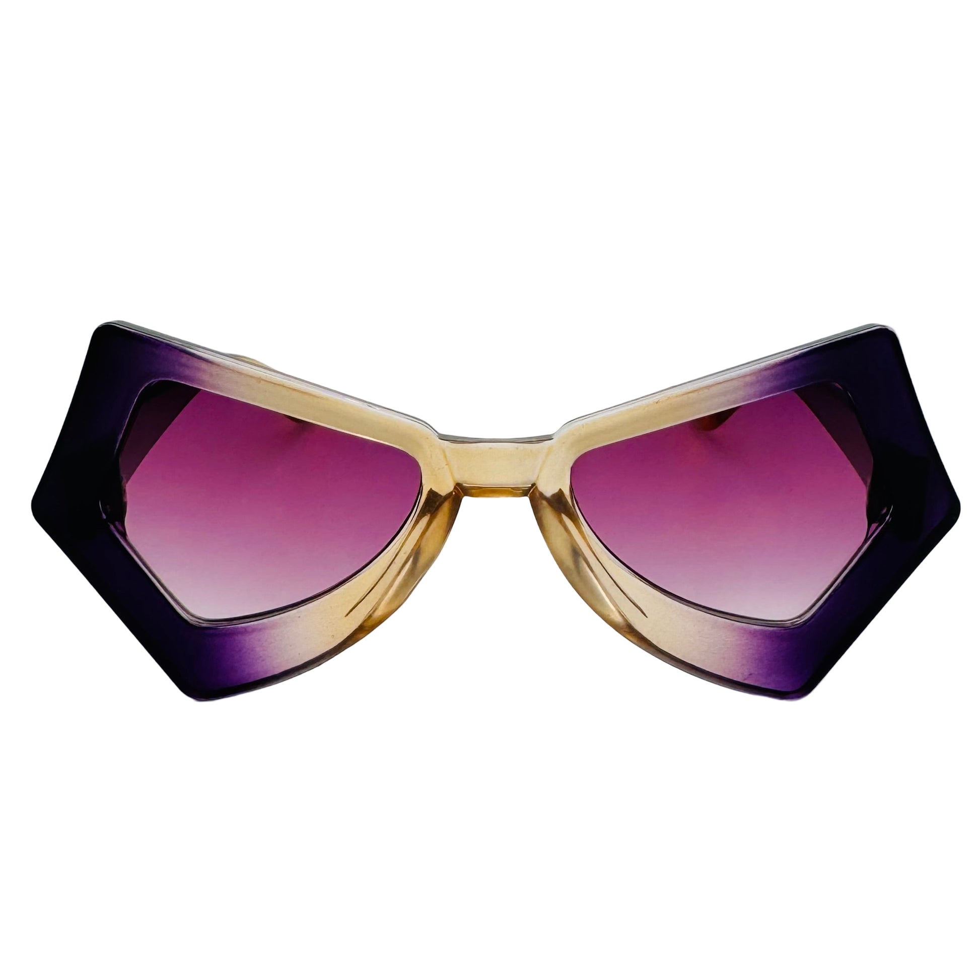 Sunglasses with purple lenses and a gradient frame on a white background