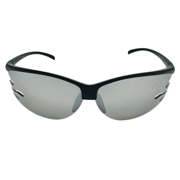 Sunglasses with black frame and silver reflective lenses on a white background