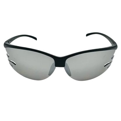 Sunglasses with black frame and silver reflective lenses on a white background