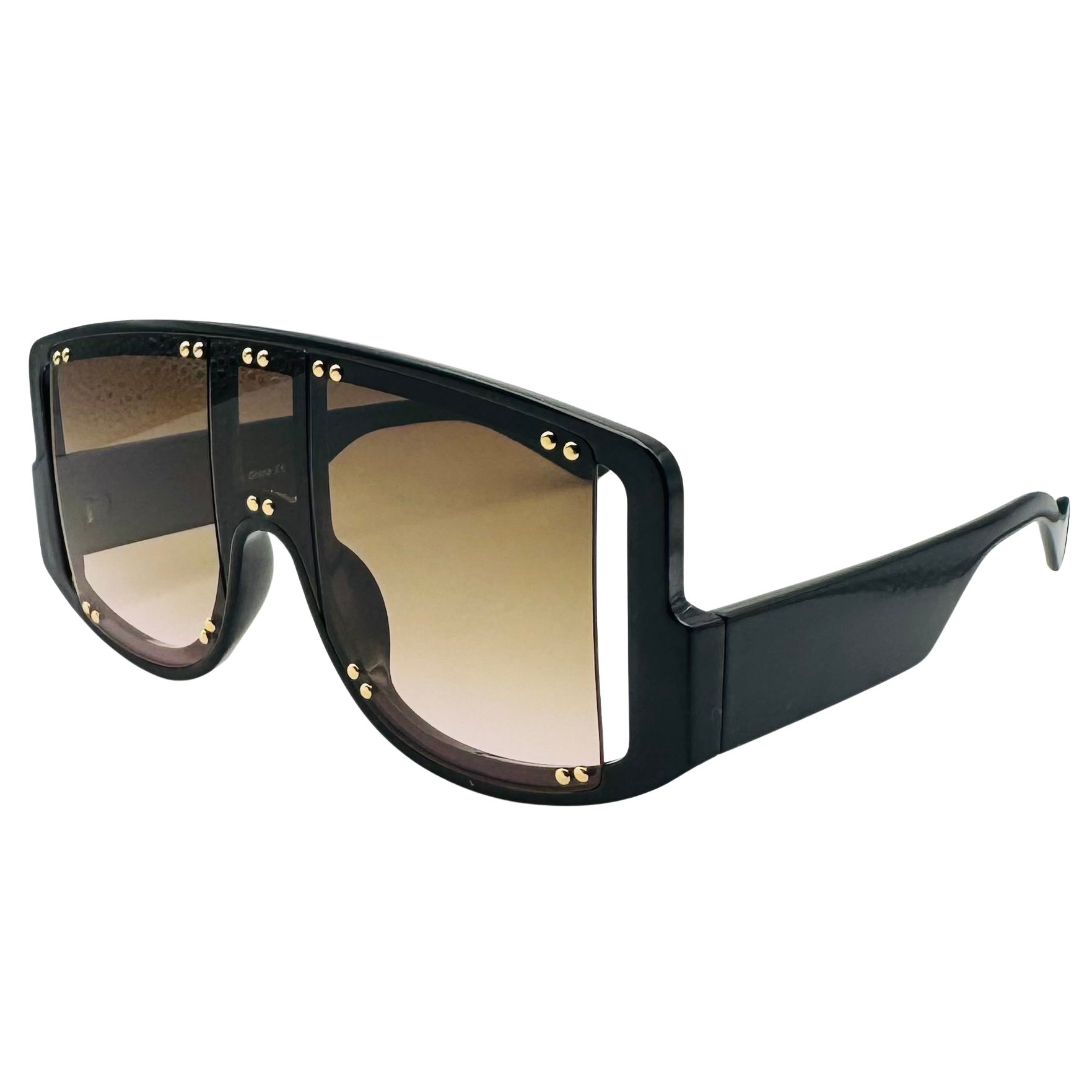 Black sunglasses with gold accents on a white background