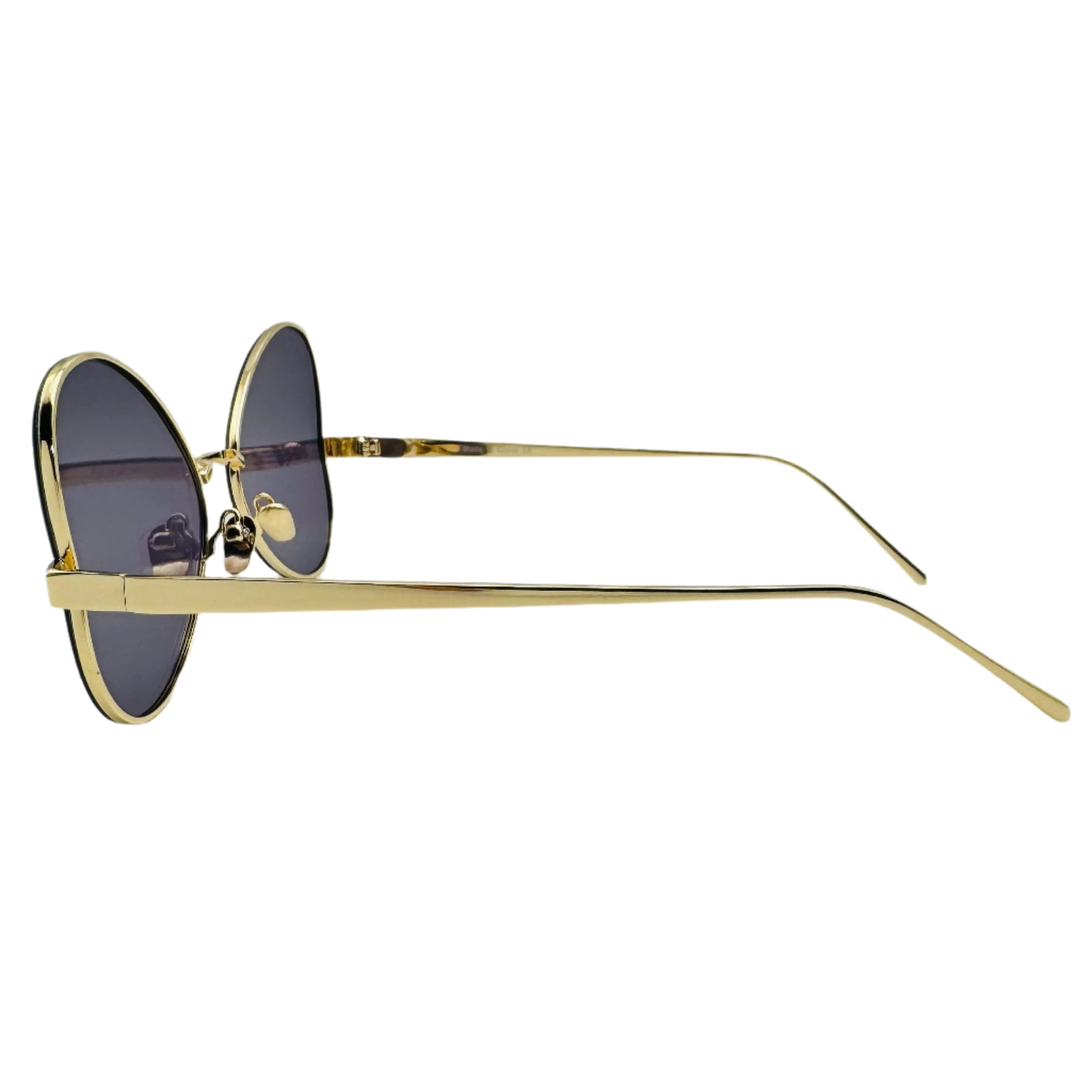 Gold-framed sunglasses with dark lenses on a white background