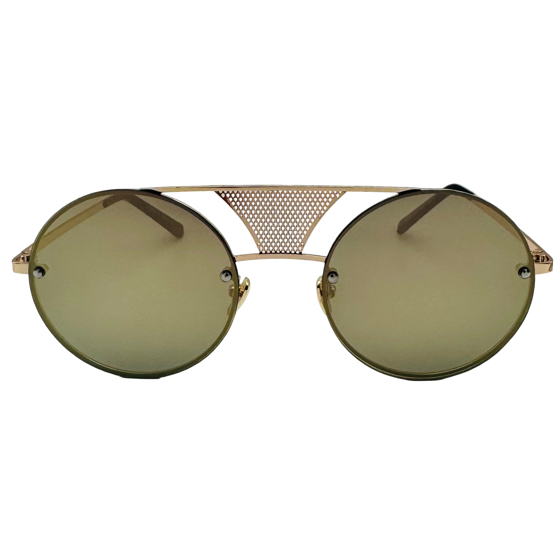 Round sunglasses with gold frame and green lenses on a light gray background