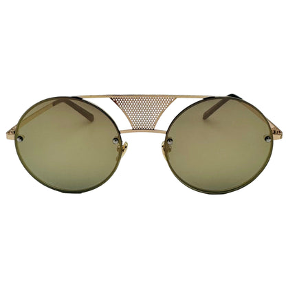 Round sunglasses with gold frame and green lenses on a light gray background