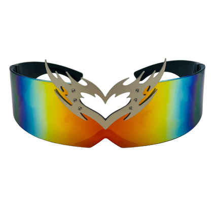 Sunglasses with a colorful gradient lens and metallic frame on a white background