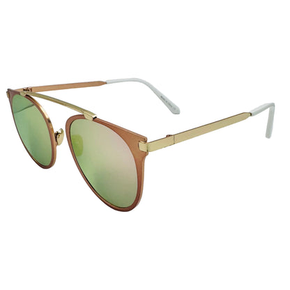Sunglasses with gold frame and green lenses on a light gray background