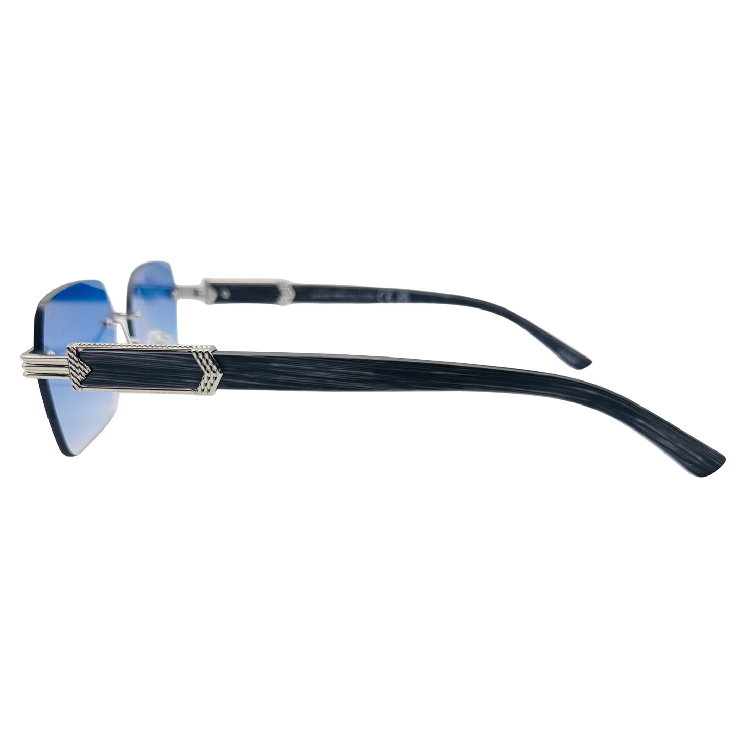 Sunglasses with blue lenses and black frames on a white background
