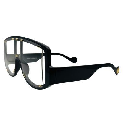 Black sunglasses with gold accents on a white background