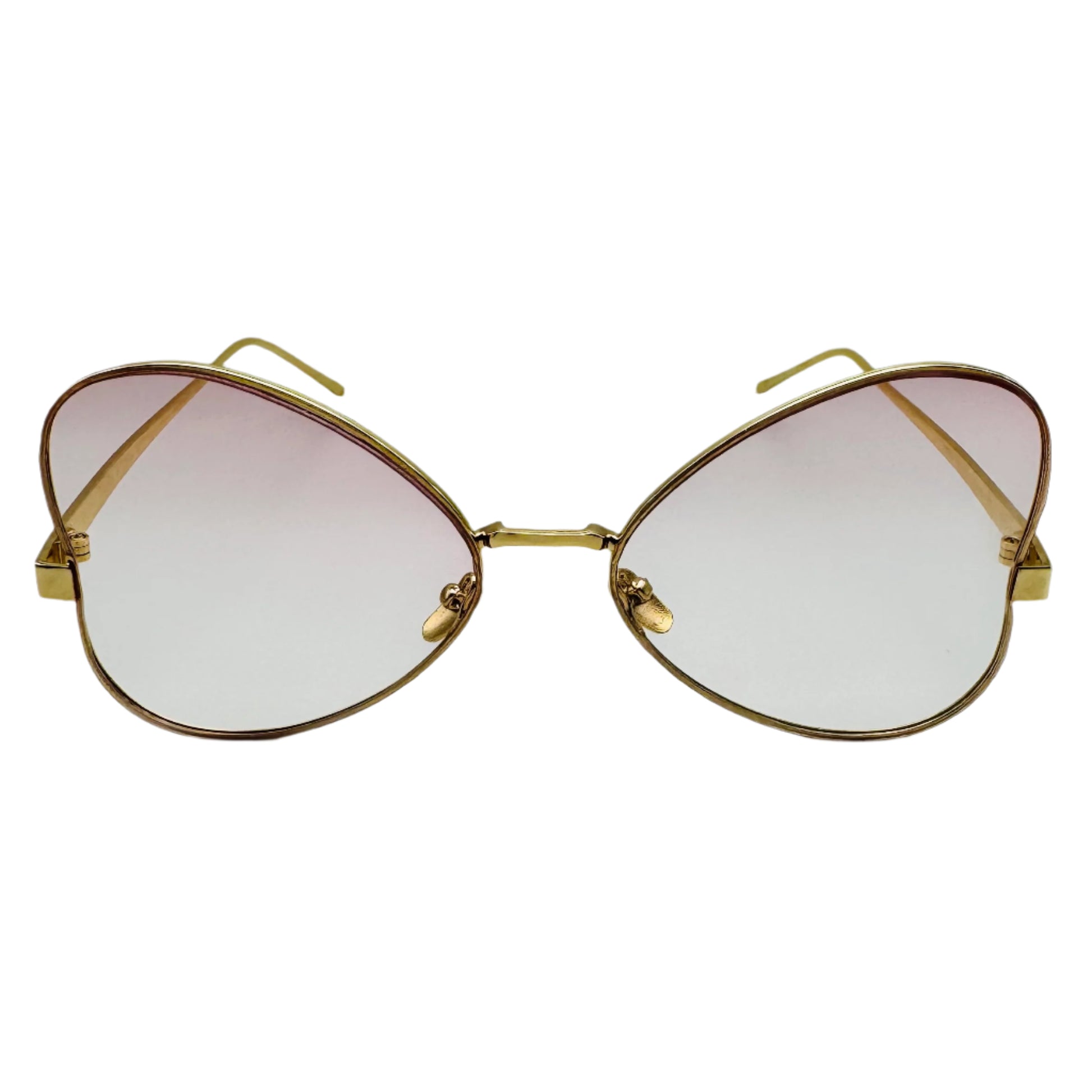 Gold-framed eyeglasses with pink-tinted lenses on a white background