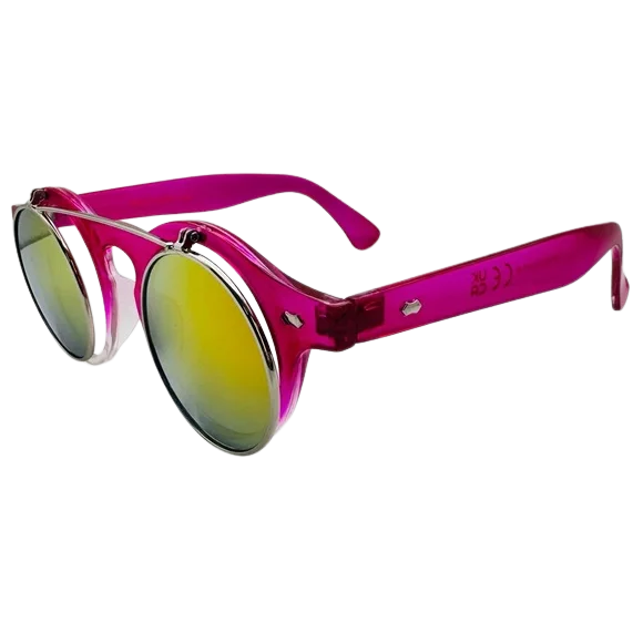 Sunglasses with pink frame and yellow-tinted lenses on a white background