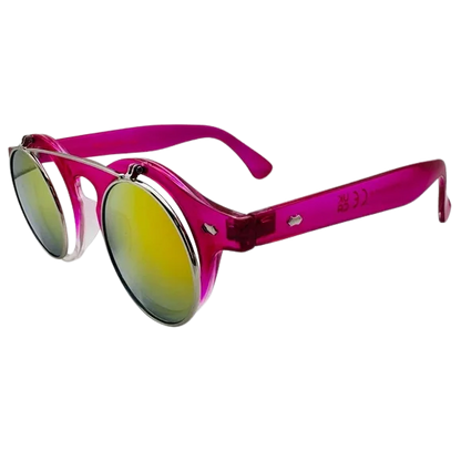 Sunglasses with pink frame and yellow-tinted lenses on a white background