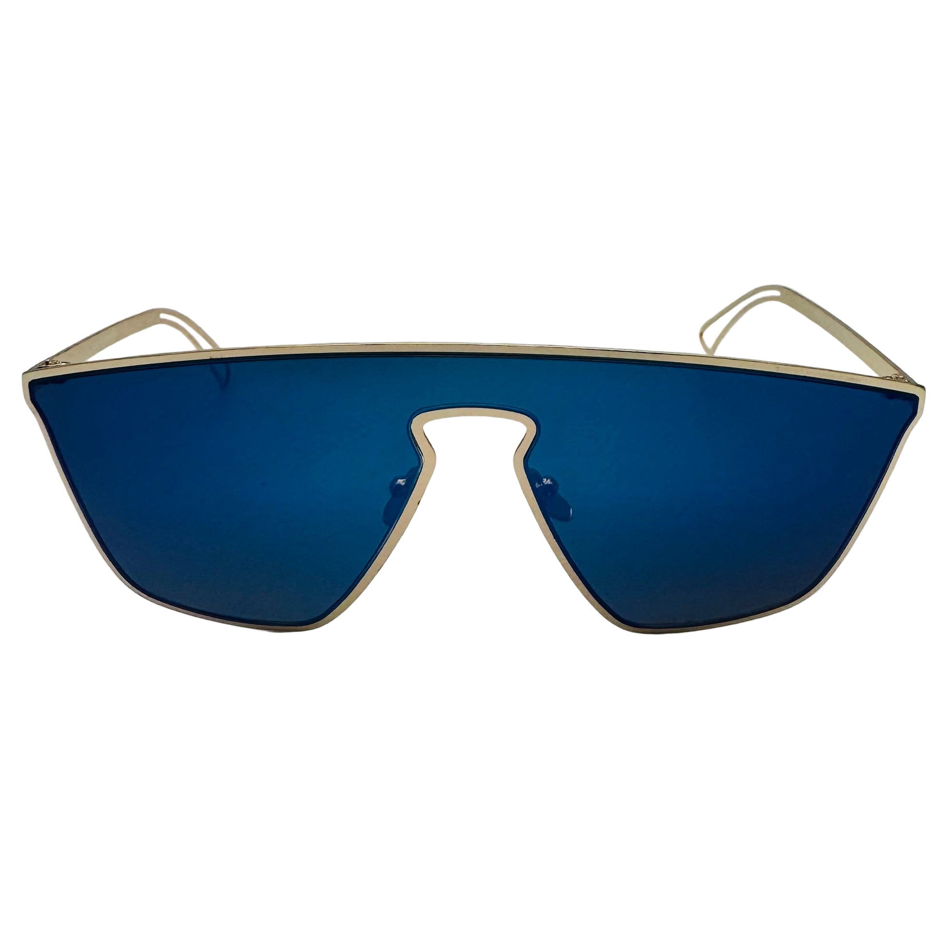 Sunglasses with blue lenses and gold frames on a light gray background