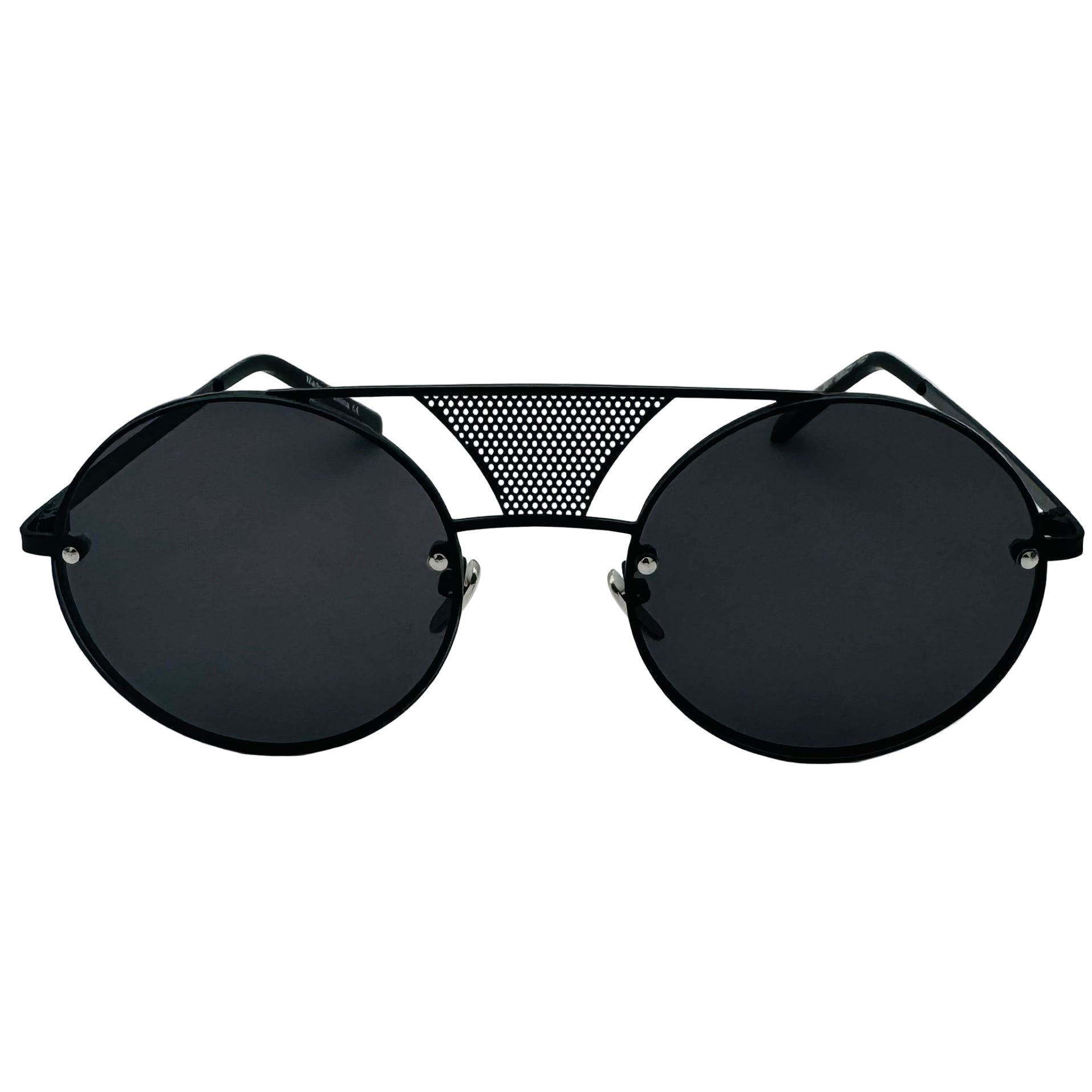 Black sunglasses with a perforated bridge on a light gray background