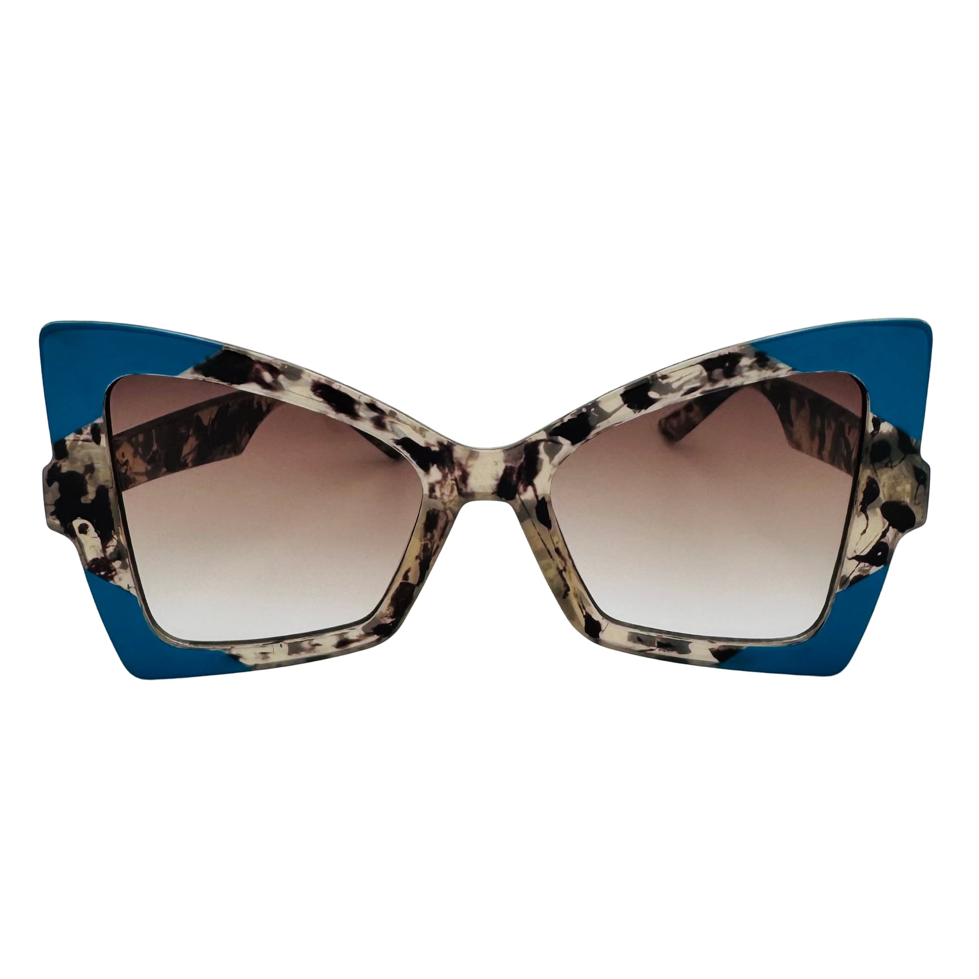 Sunglasses with blue and patterned frame on a white background