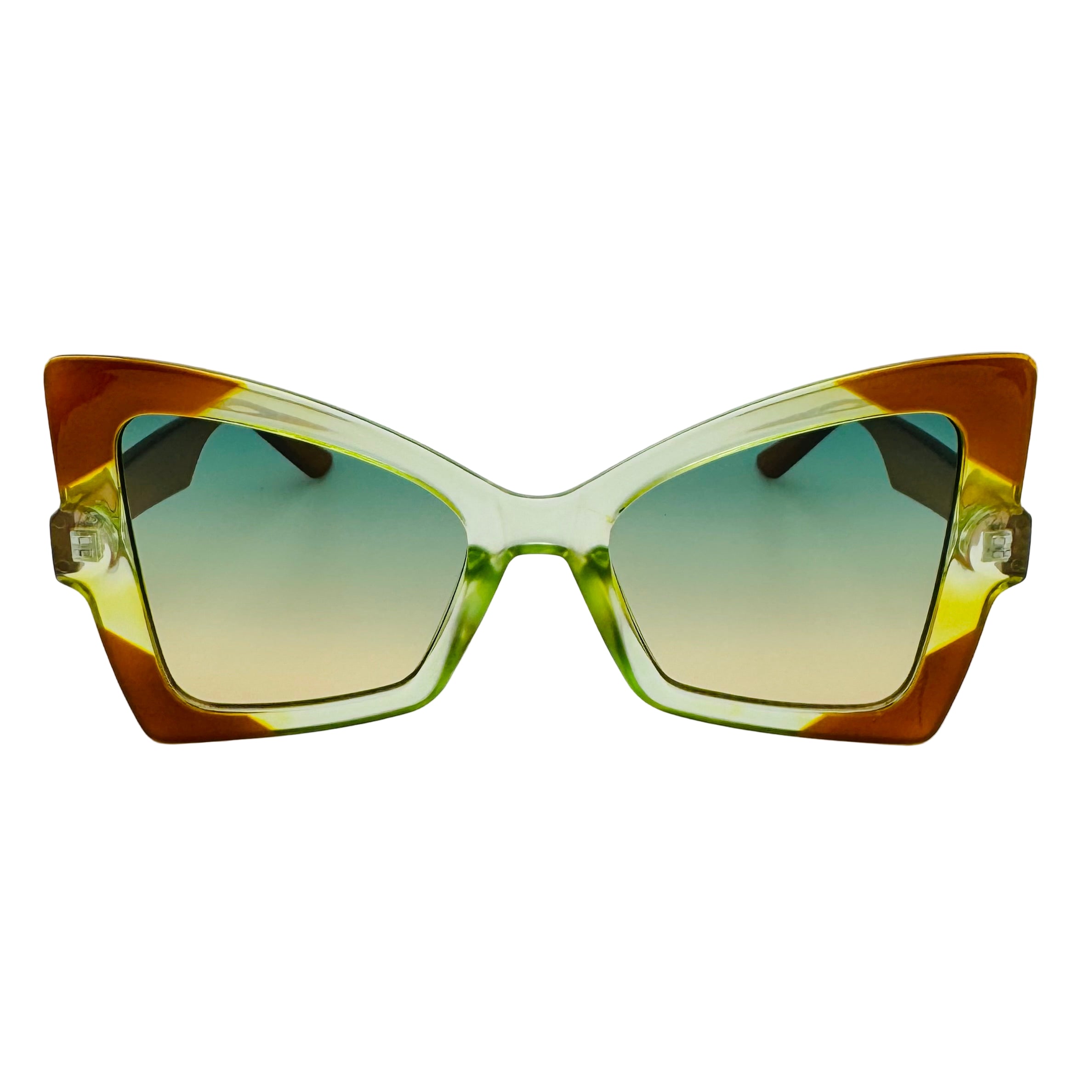 Black sunglasses with colorful embellishments on a white background