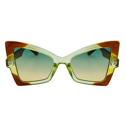 Sunglasses with a tortoiseshell frame and green gradient lenses on a white background