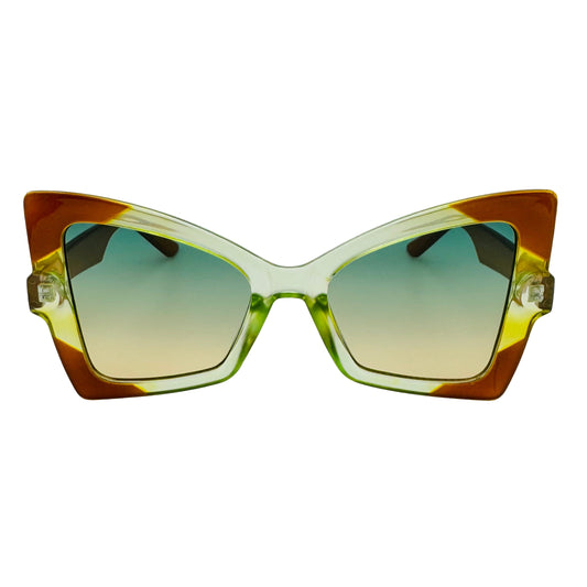 Sunglasses with a tortoiseshell frame and green gradient lenses on a white background