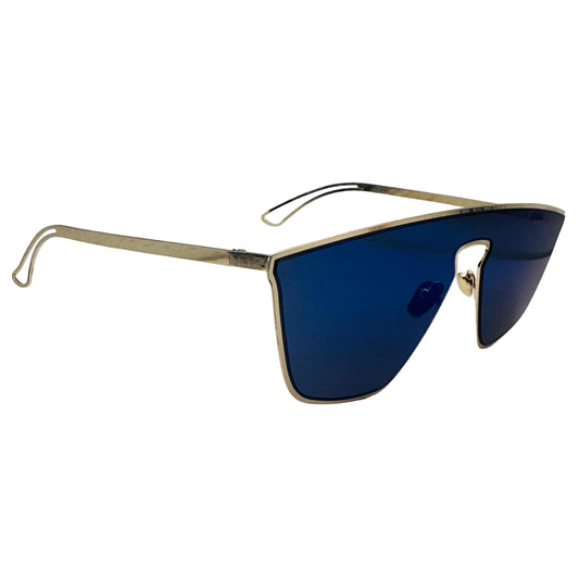 Sunglasses with gold frame and blue lenses on a light gray background