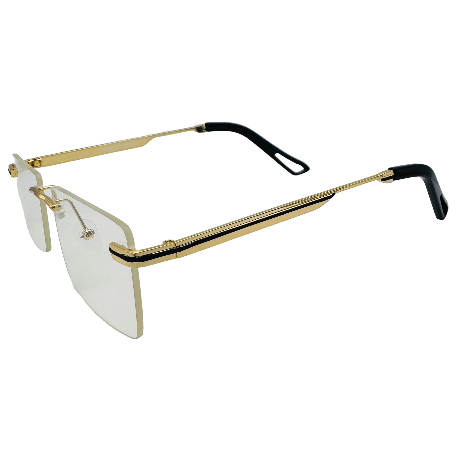 Gold-framed eyeglasses with clear lenses on a light gray background