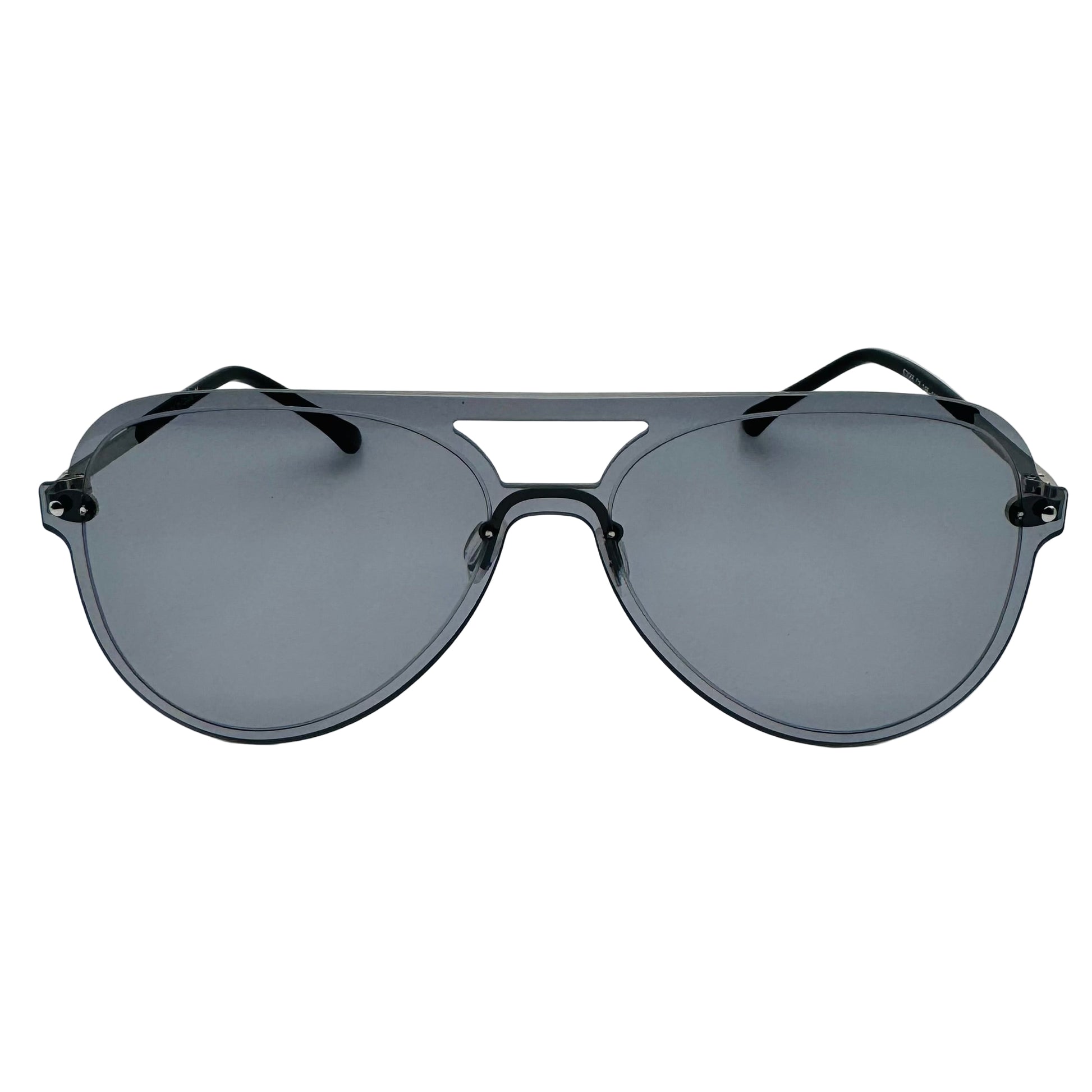 Sunglasses with black frame and dark lenses on a white background