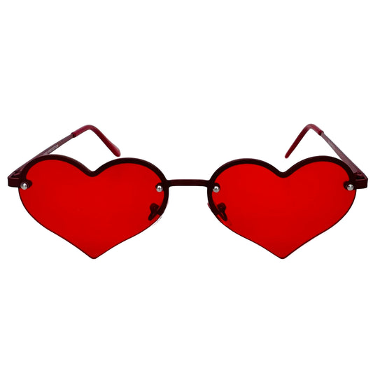 Heart-shaped sunglasses with red lenses on a light gray background