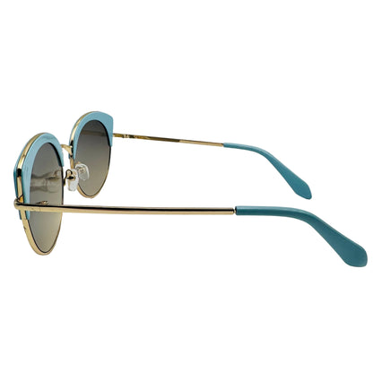Sunglasses with gold frames and blue temples on a white background