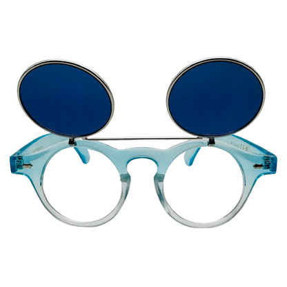 Blue eyeglasses with round blue lenses on a white background