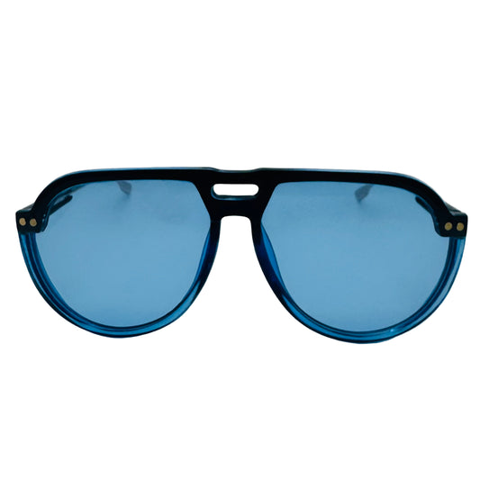 Blue sunglasses with black frame on a light gray background