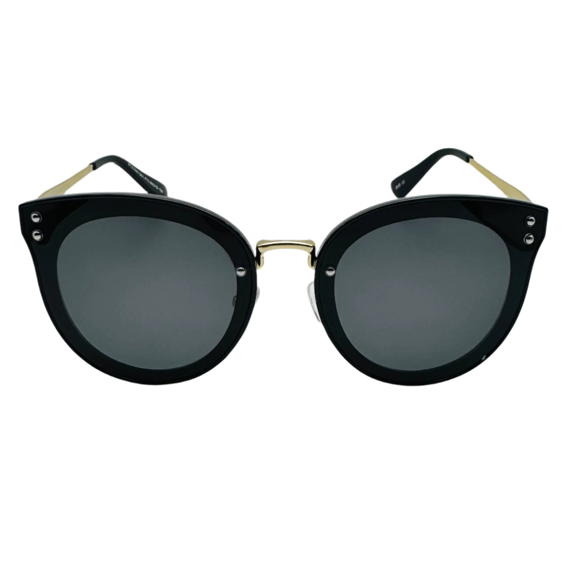 Black sunglasses with gold accents on a white background