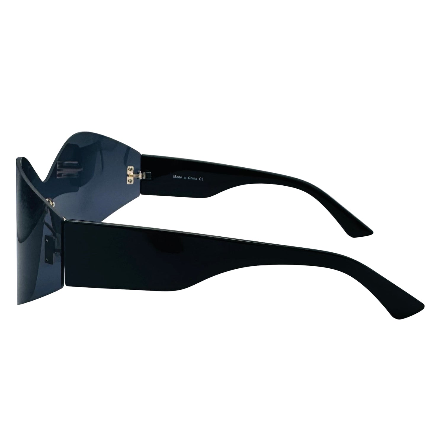 Black sunglasses with a glossy finish on a light gray background