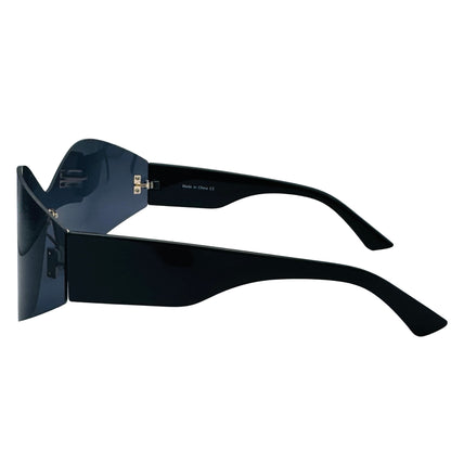 Black sunglasses with a glossy finish on a light gray background