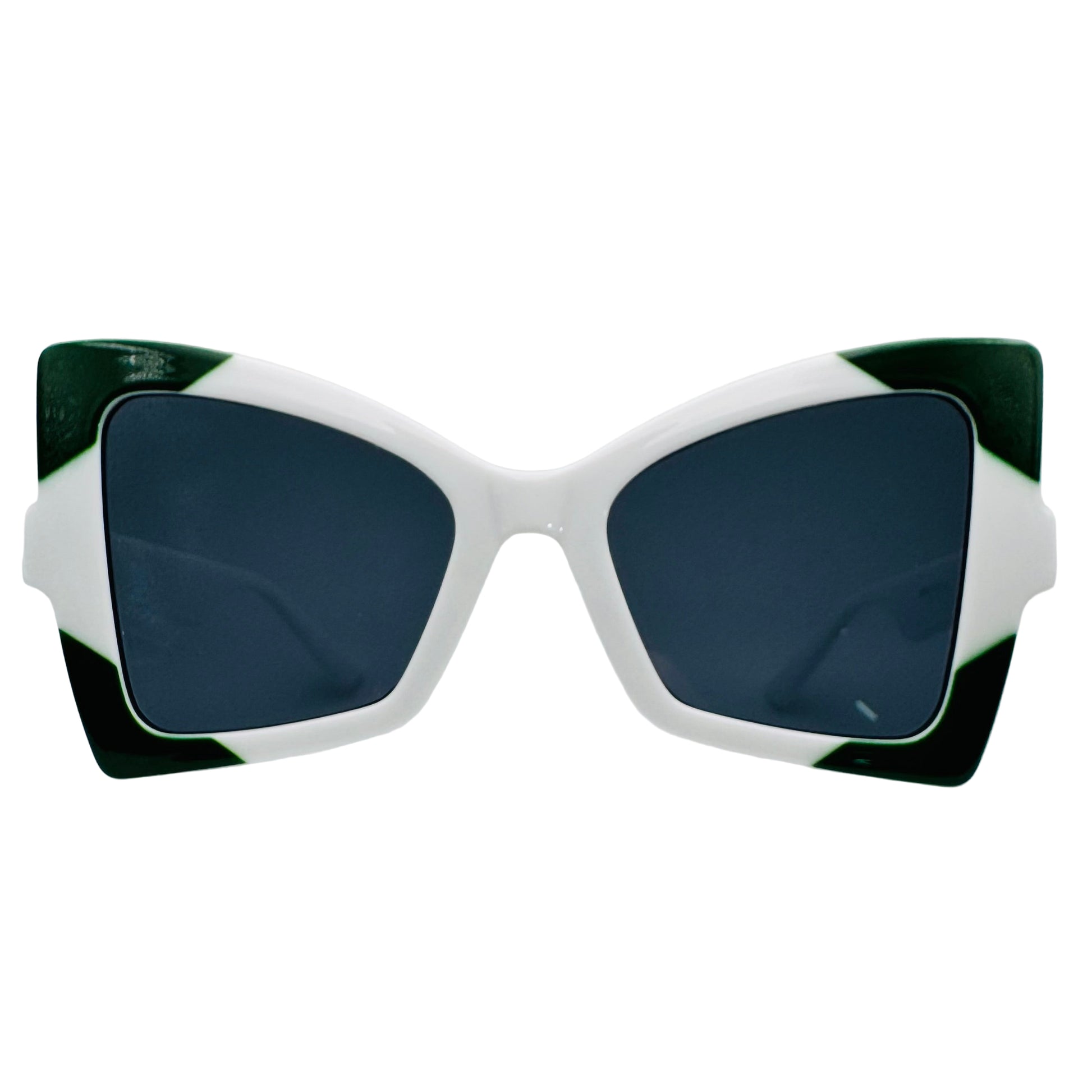 White sunglasses with black and green accents on a white background