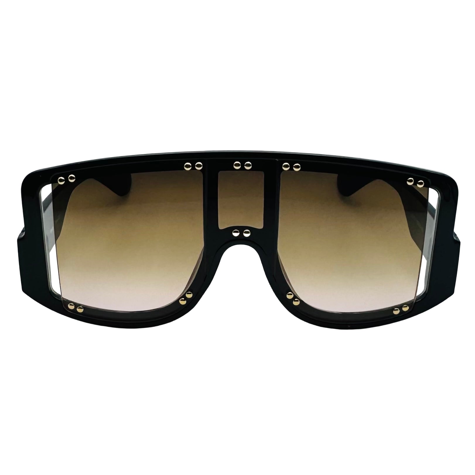 Black sunglasses with gold accents on a light gray background