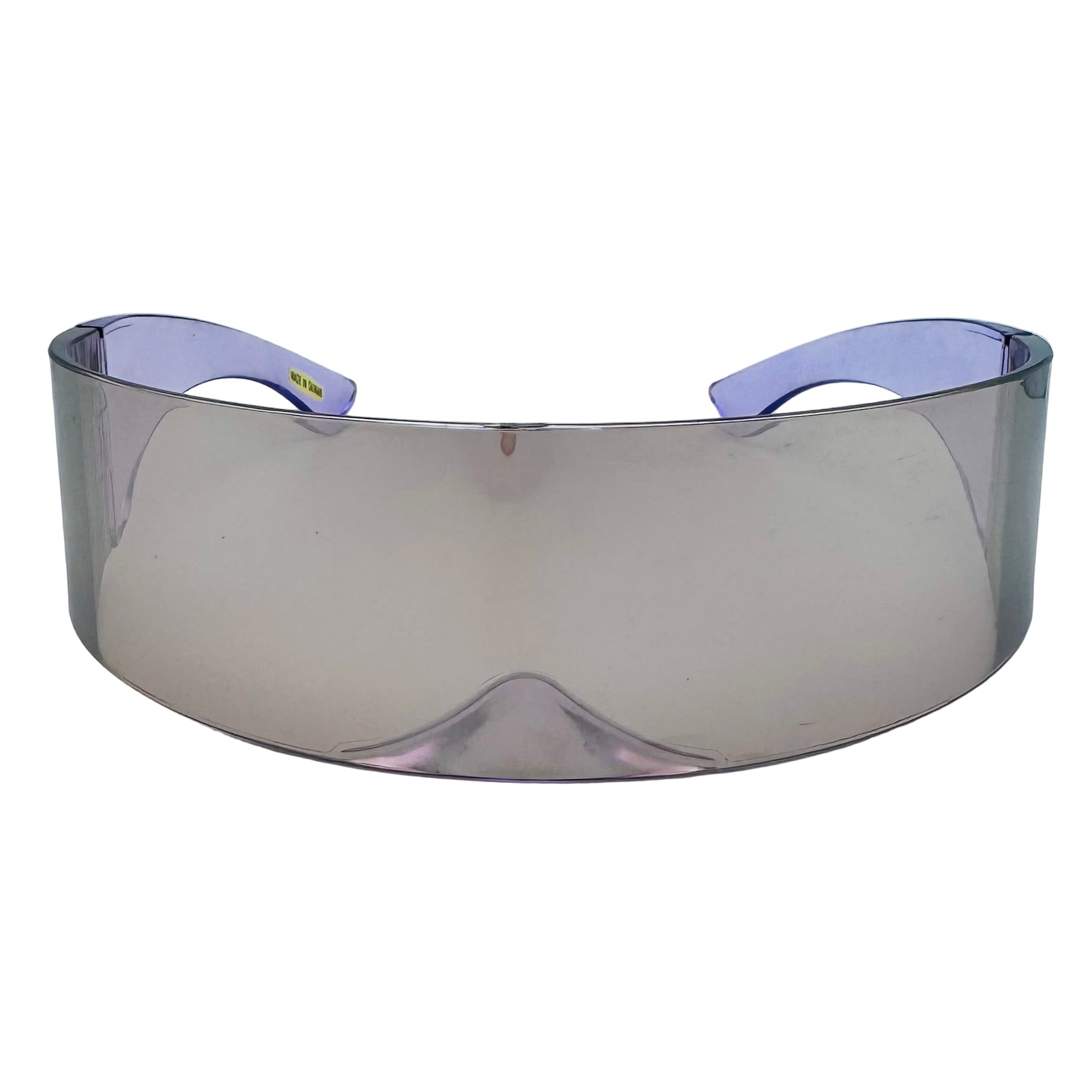 Clear protective visor with purple frame on a light gray background