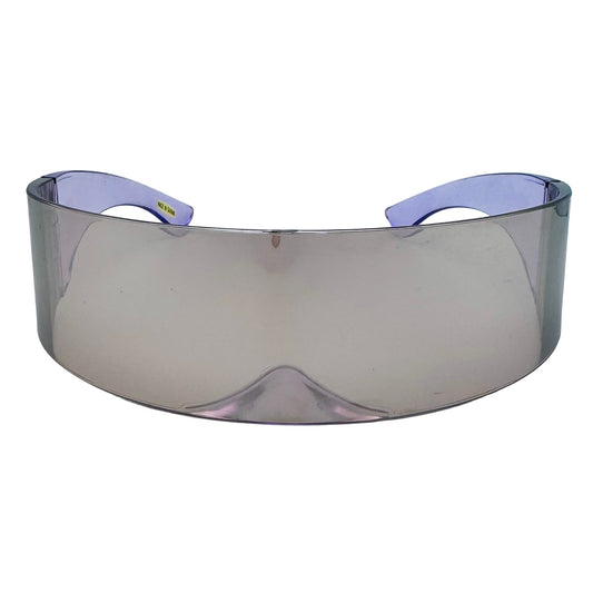 Clear protective visor with purple frame on a light gray background