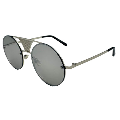 Sunglasses with metallic frame and gray lenses on a light gray background