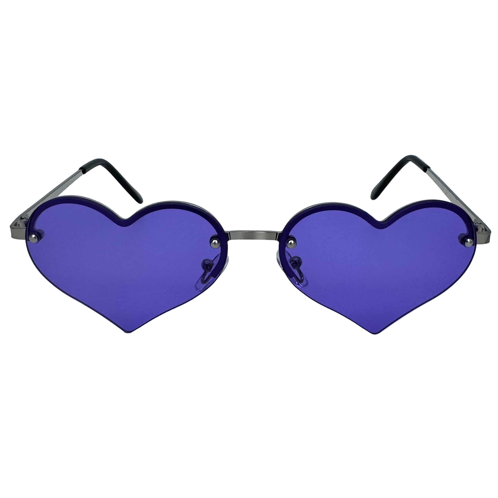 Heart-shaped sunglasses with purple lenses on a light gray background