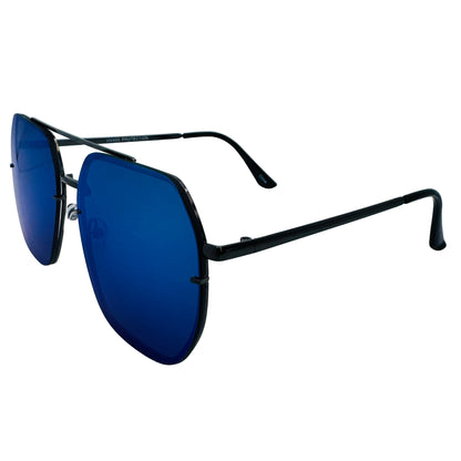 Sunglasses with blue lenses and black frames on a light gray background