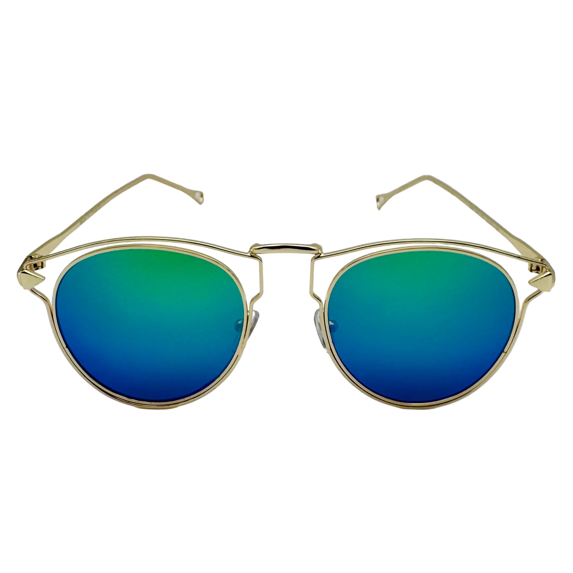 Gold-framed sunglasses with blue-tinted lenses on a white background