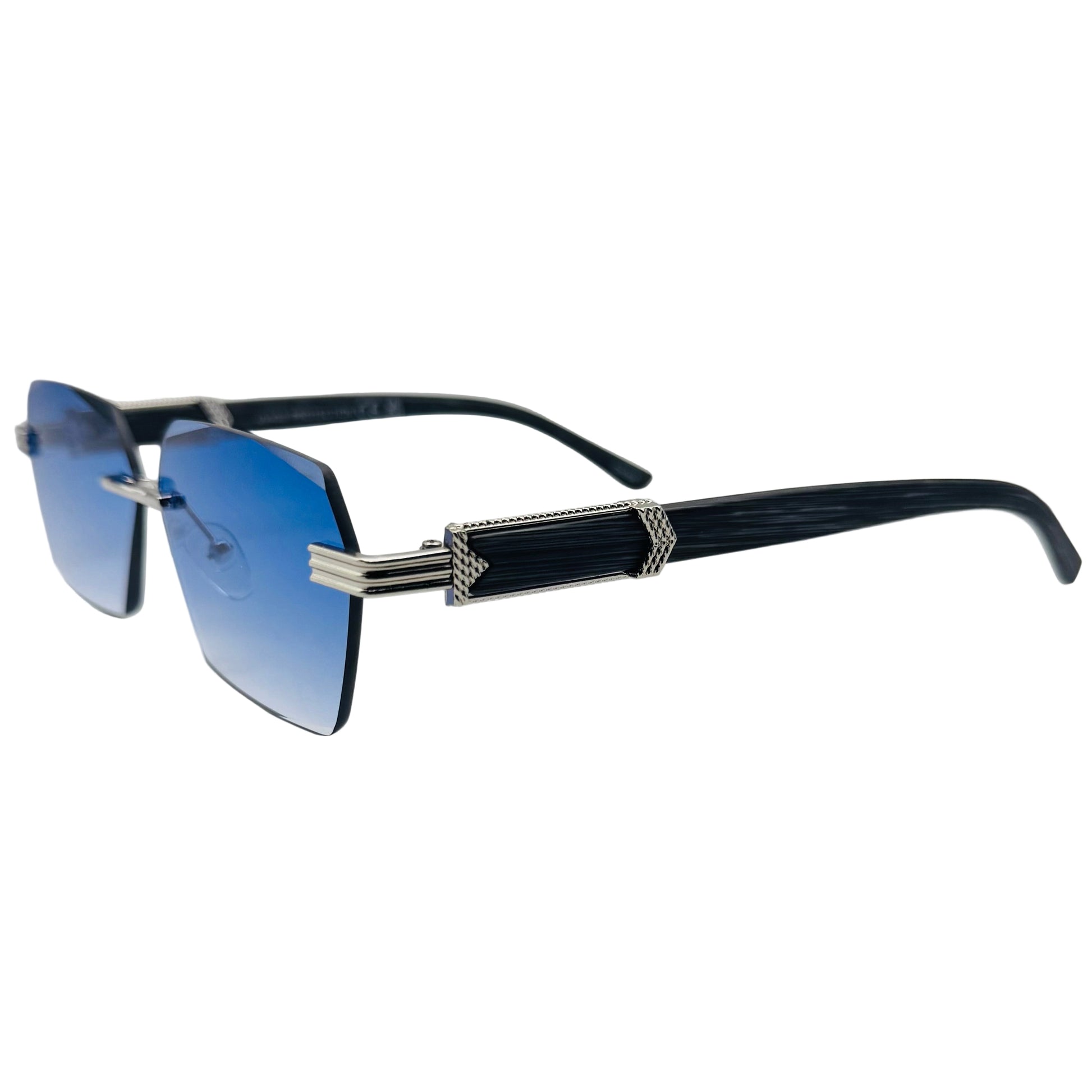 Sunglasses with blue gradient lenses and black frame on a light gray background