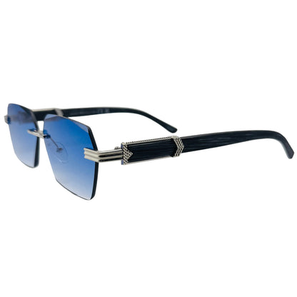 Sunglasses with blue gradient lenses and black frame on a light gray background