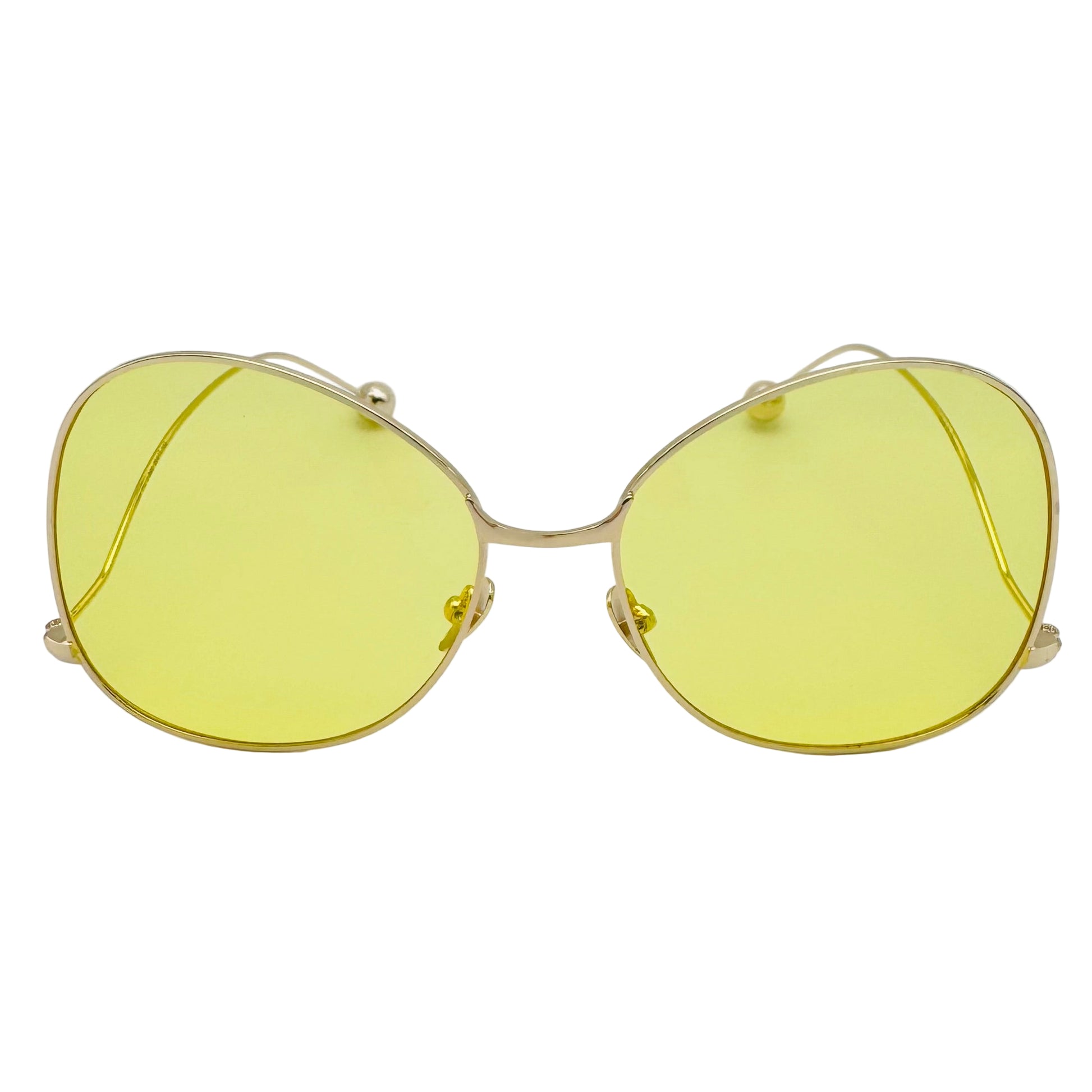 Gold-framed sunglasses with yellow lenses on a white background