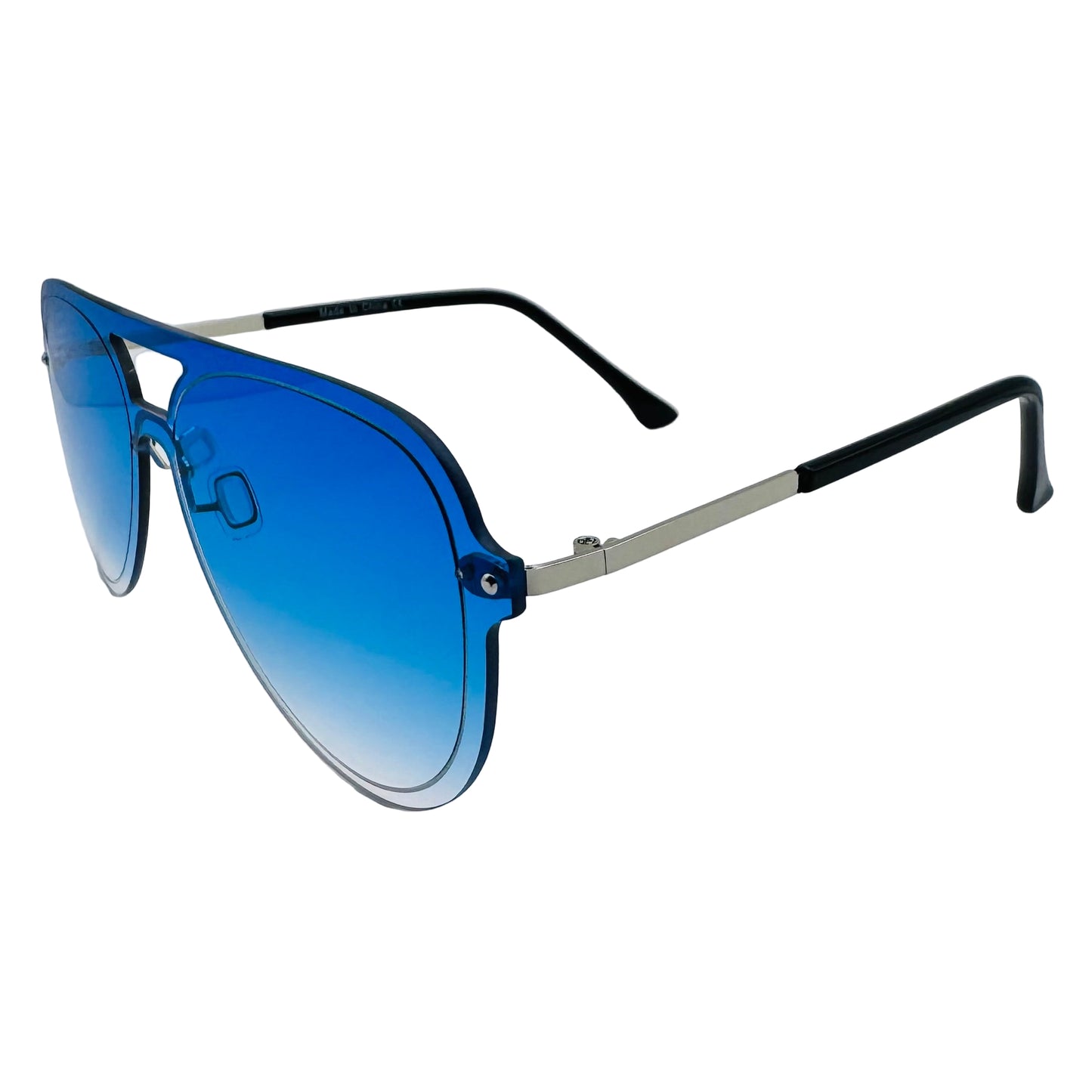 Blue gradient sunglasses with black and silver frame on a light gray background