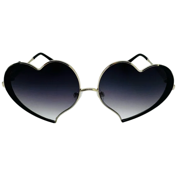 Heart-shaped sunglasses with black gradient lenses on a white background