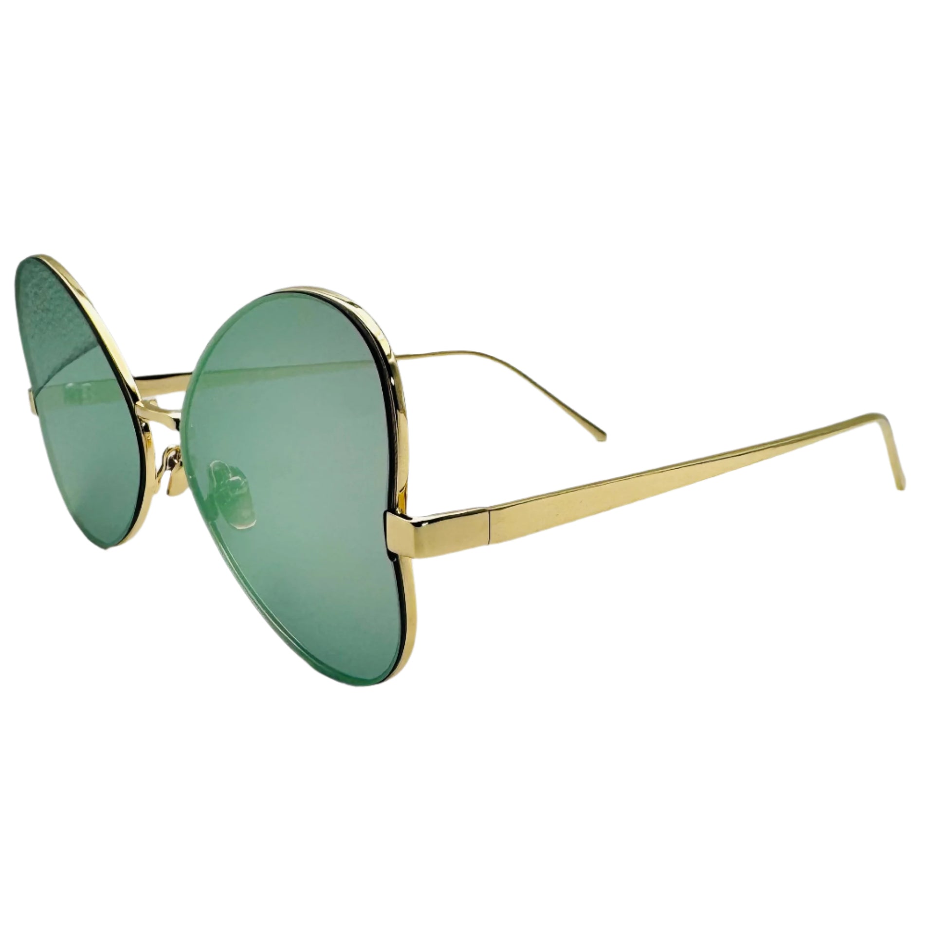 Gold-framed sunglasses with green lenses on a white  background