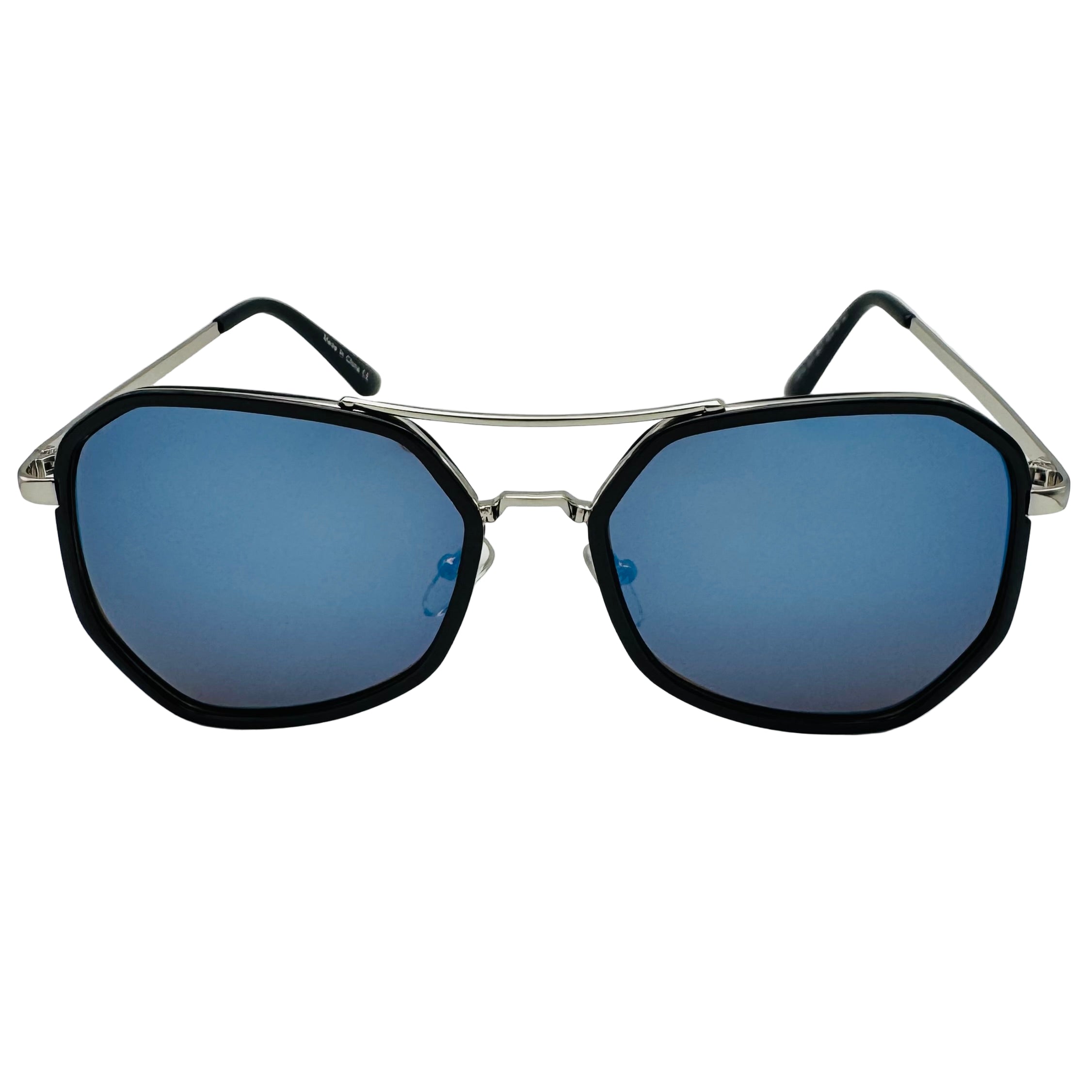 Black sunglasses with colorful embellishments on a white background